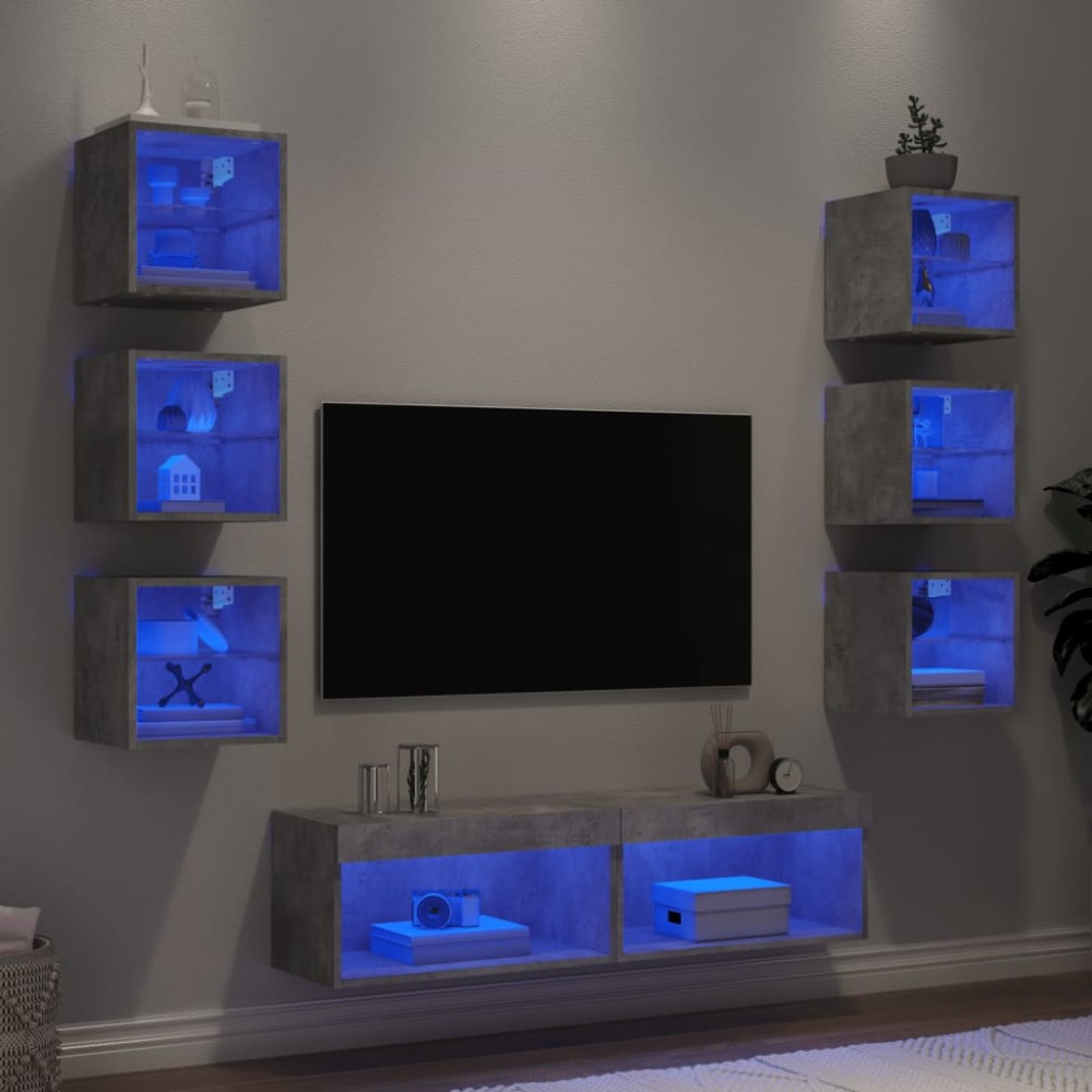 vidaXL Έπιπλα Τοίχου Τηλεόρασης 8 τεμ. LED Γκρι Σκυρ. από Επεξ. Ξύλο
