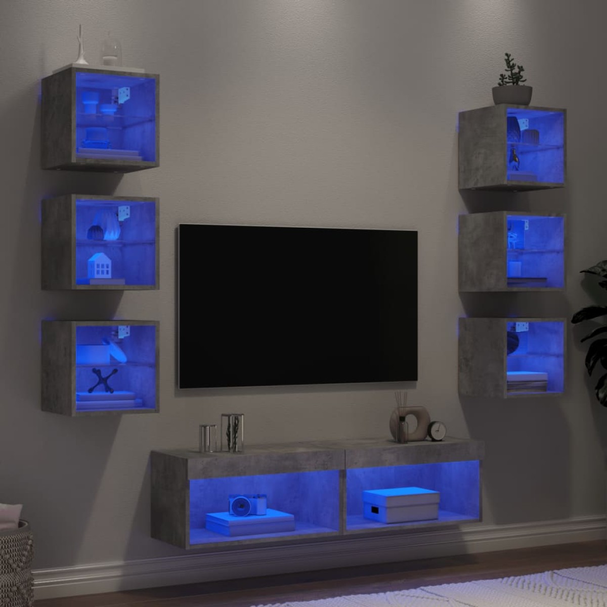 vidaXL Έπιπλα Τοίχου Τηλεόρασης 8 τεμ. LED Γκρι Σκυρ. από Επεξ. Ξύλο