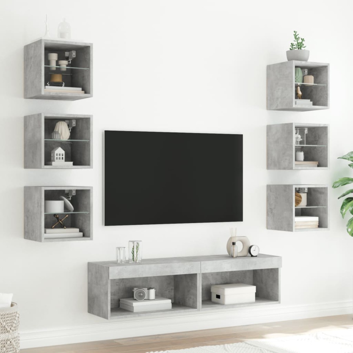 vidaXL Έπιπλα Τοίχου Τηλεόρασης 8 τεμ. LED Γκρι Σκυρ. από Επεξ. Ξύλο