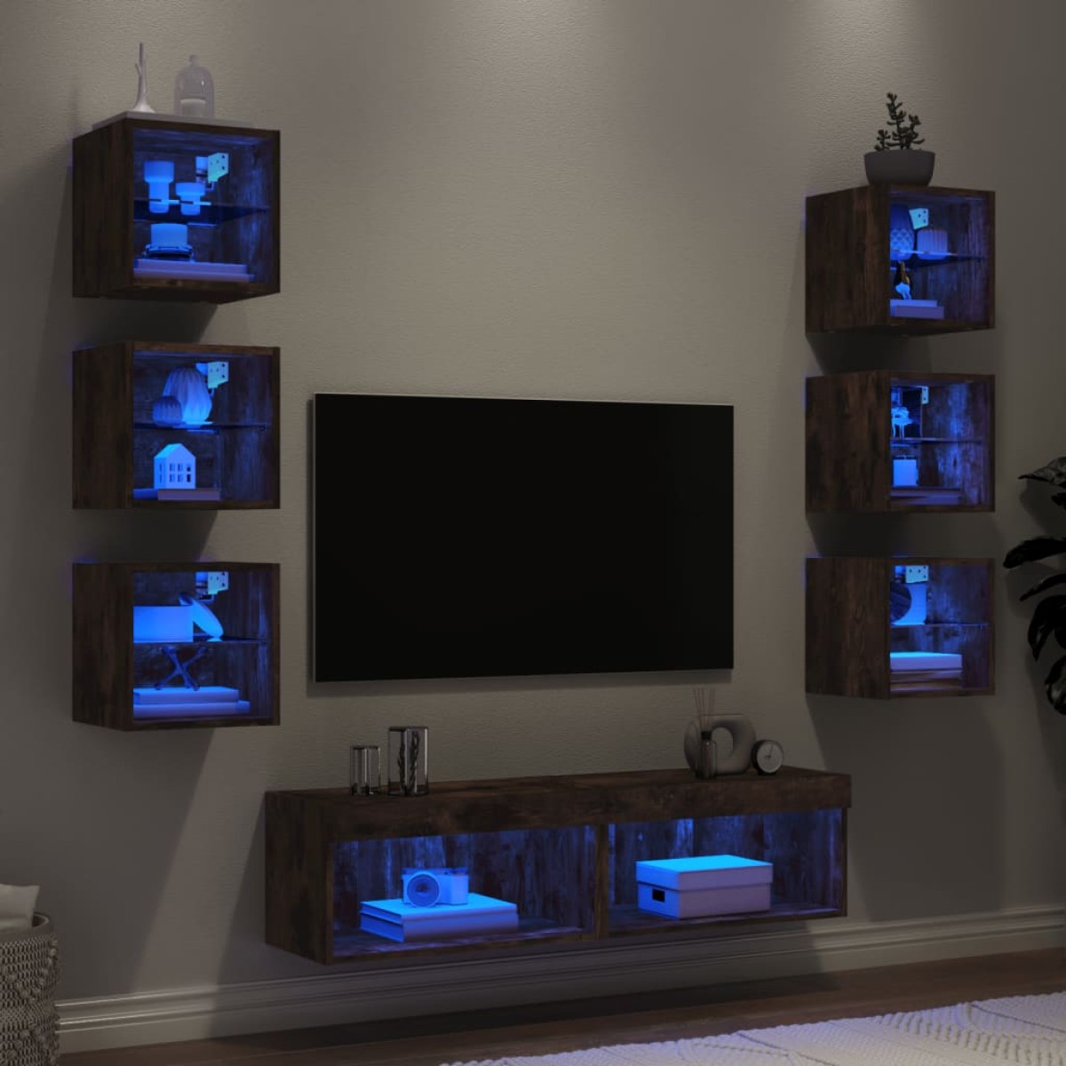 vidaXL Έπιπλα Τοίχου Τηλεόρασης 8 τεμ LED Καπνιστή Δρυς από Επεξ. Ξύλο