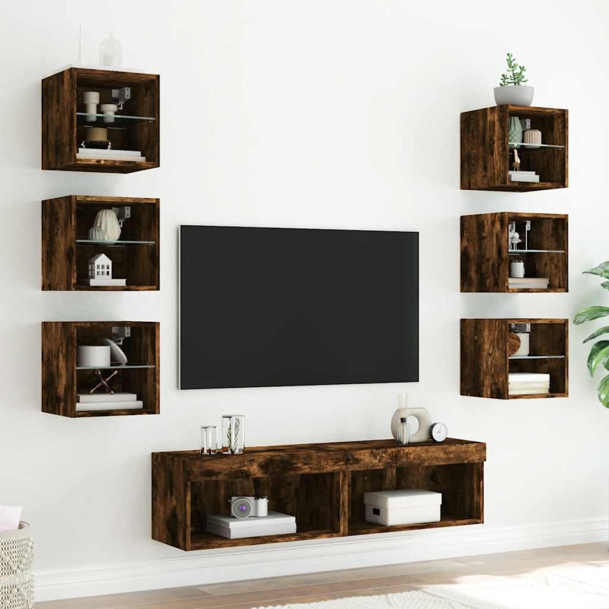 vidaXL Έπιπλα Τοίχου Τηλεόρασης 8 τεμ LED Καπνιστή Δρυς από Επεξ. Ξύλο