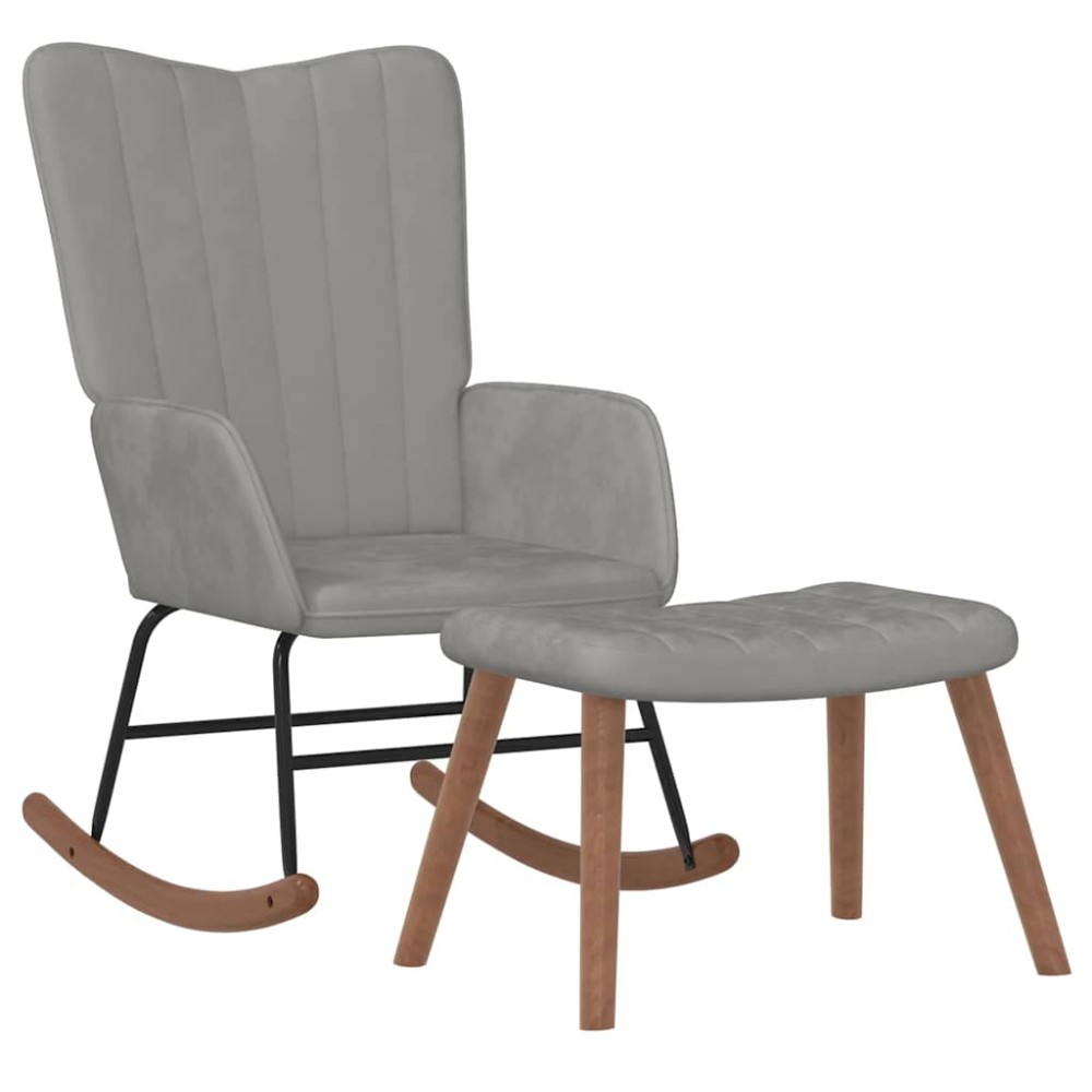 vidaXL Πολυθρόνα Κουνιστή Ανοιχτό Γκρι Βελούδινη με Σκαμπό