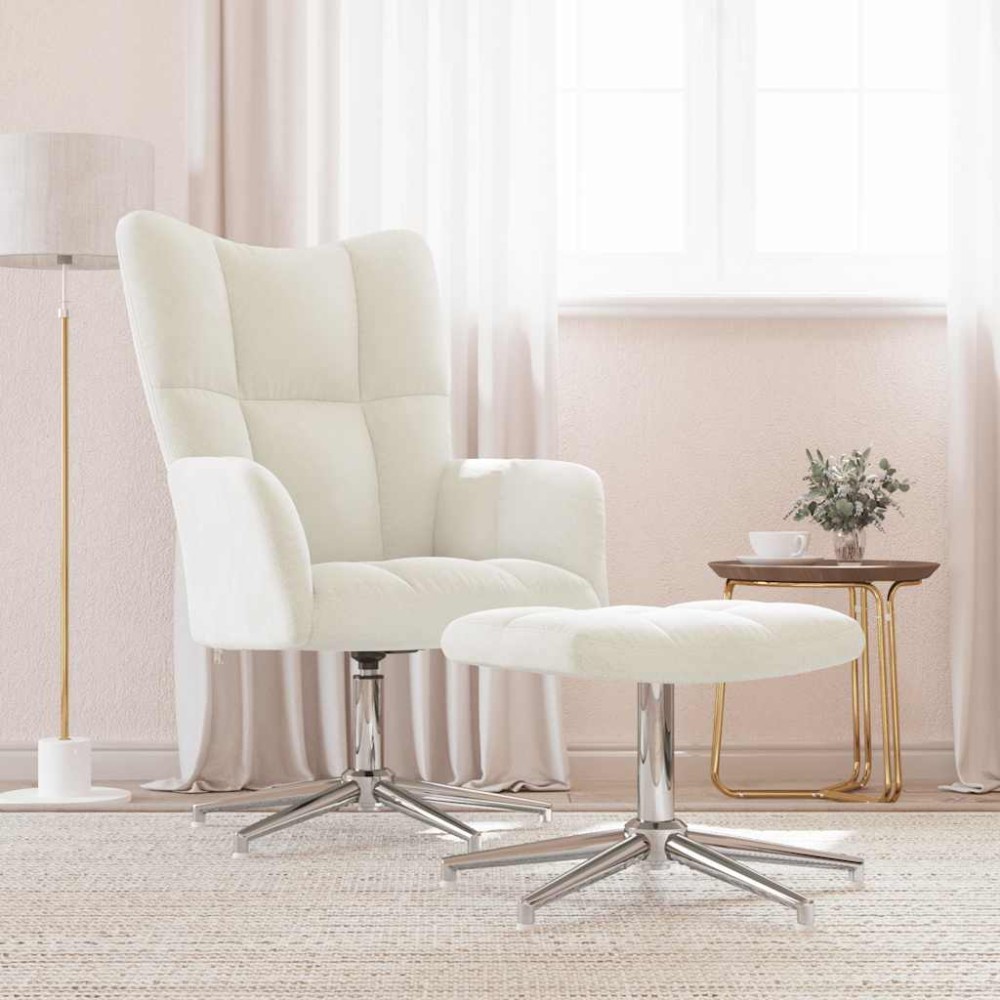 vidaXL Πολυθρόνα Relax Λευκό Κρεμ Βελούδινη με Σκαμπό