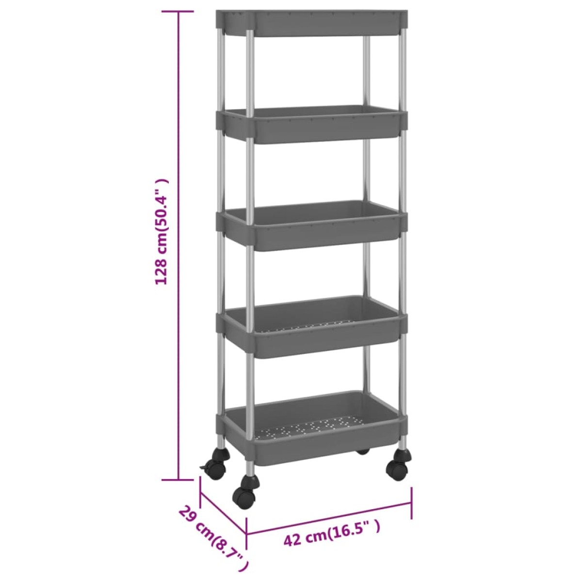 vidaXL Τρόλεϊ Κουζίνας 5 Επιπέδων Γκρι 42 x 29 x 128 εκ. Σίδερο/ABS