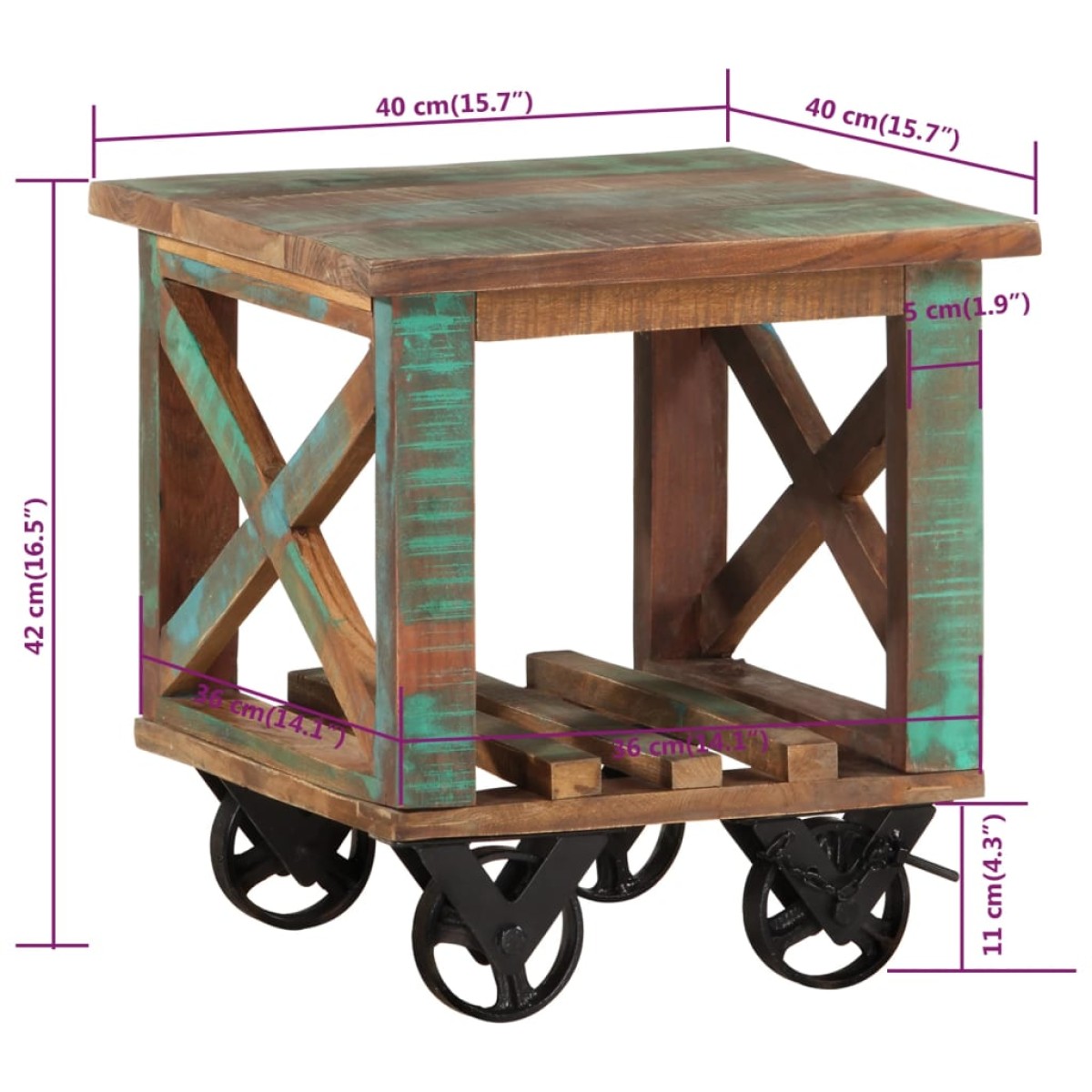 vidaXL Τραπεζάκι με Τροχούς 40x40x42 εκ. από Μασίφ Ανακυκλωμένο Ξύλο