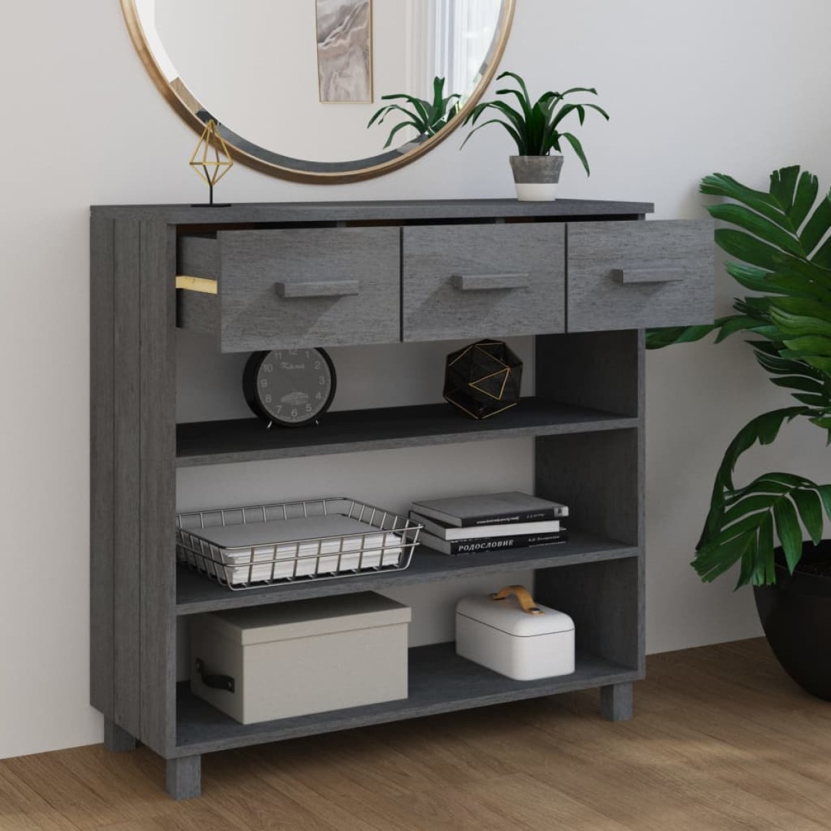 vidaXL Τραπέζι Κονσόλα HAMAR Σκ. Γκρι 90x35x90 εκ. Μασίφ Ξύλο Πεύκου