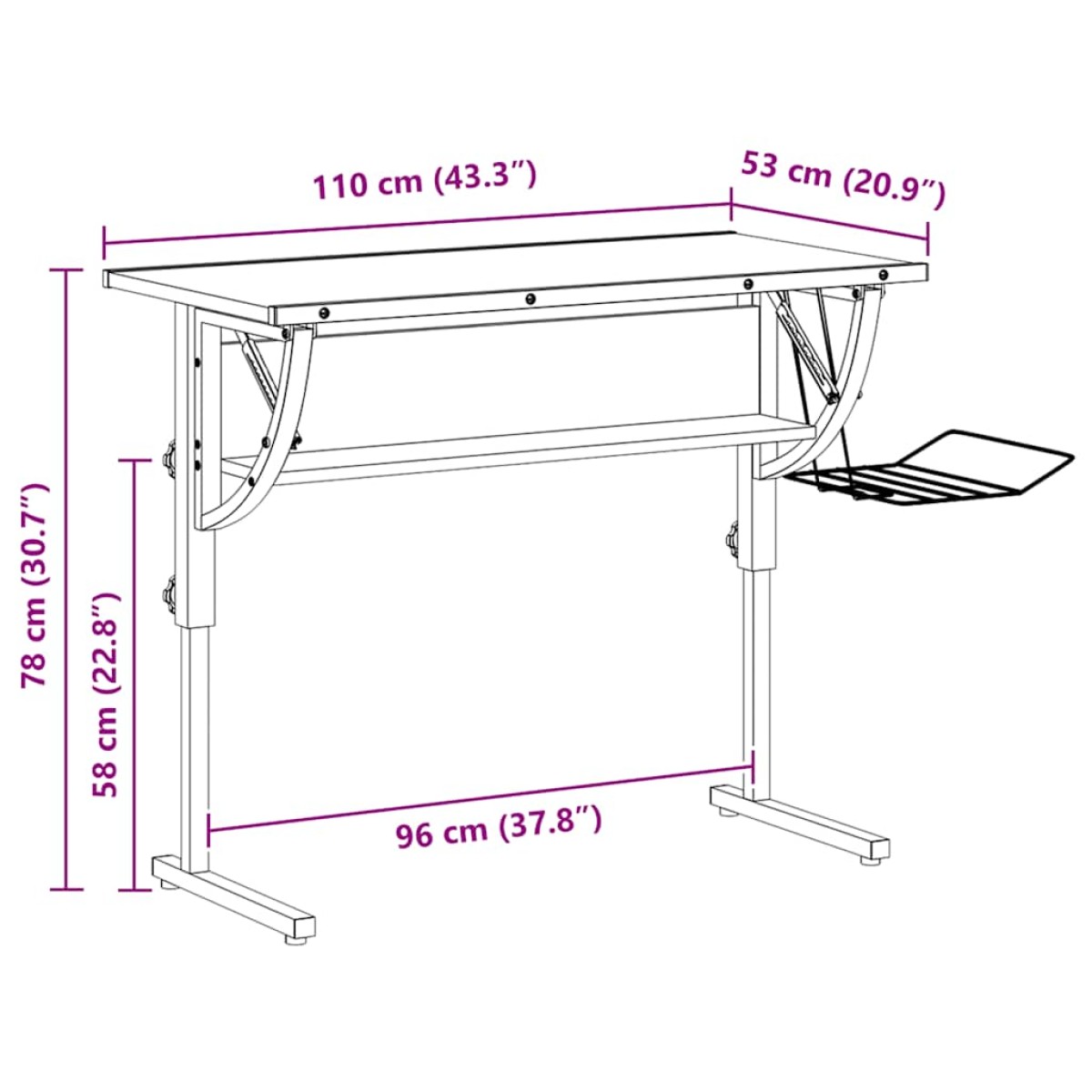 vidaXL Γραφείο Χειροτ. Μαύρο/Γκρι 110x53x(58-87) εκ. Επ. Ξύλο&Ατσάλι