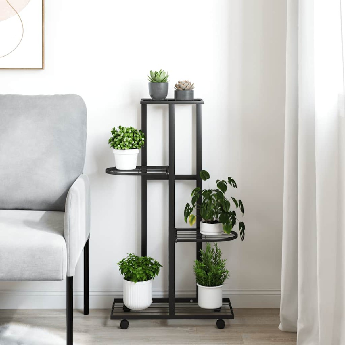 vidaXL Βάση Λουλουδιών 4 Επιπέδων με Ρόδες 44x23x80 εκ. Μαύρη Σίδερο
