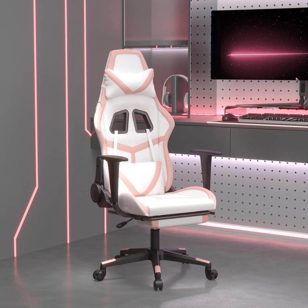vidaXL Καρέκλα Gaming Μασάζ Υποπόδιο Λευκό & Ροζ από Συνθετικό Δέρμα