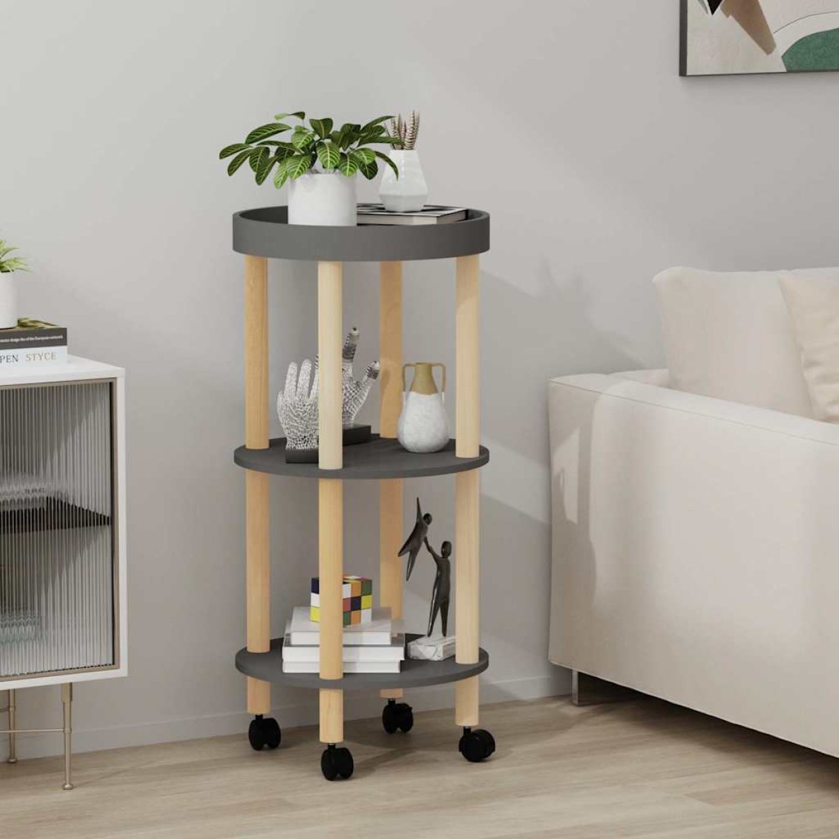 vidaXL Τρόλεϊ 3 Επιπέδων Γκρι 38 x 38 x 82 εκ. Επεξ. Ξύλο/Μασίφ Πεύκο