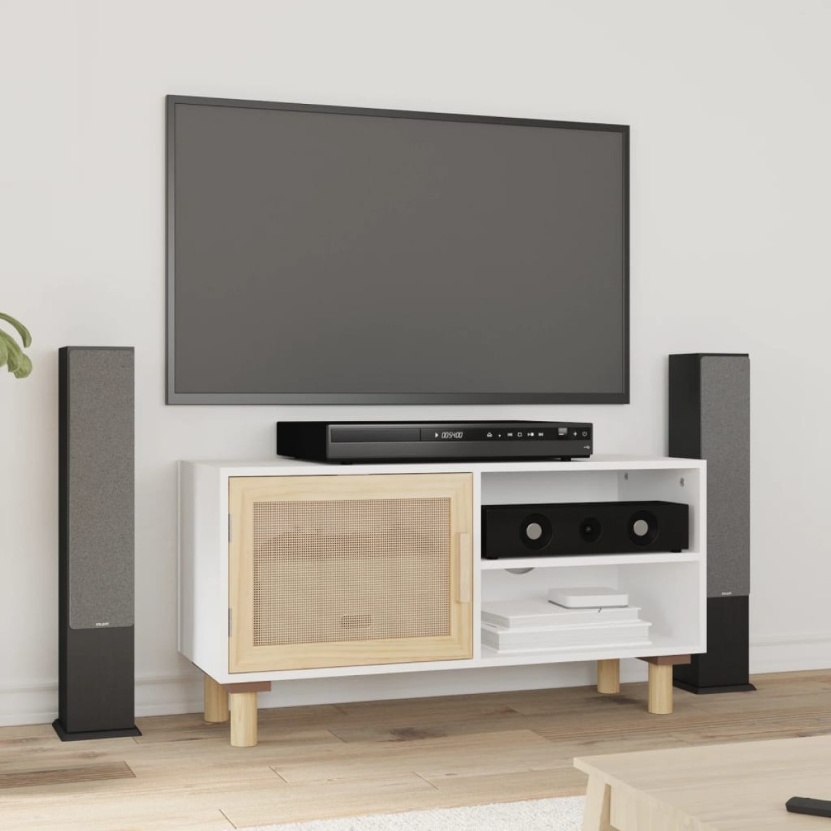 vidaXL Έπιπλο Τηλεόρασης Λευκό 80x30x40 εκ. Μασίφ Πεύκο & Φυσικό Ρατάν