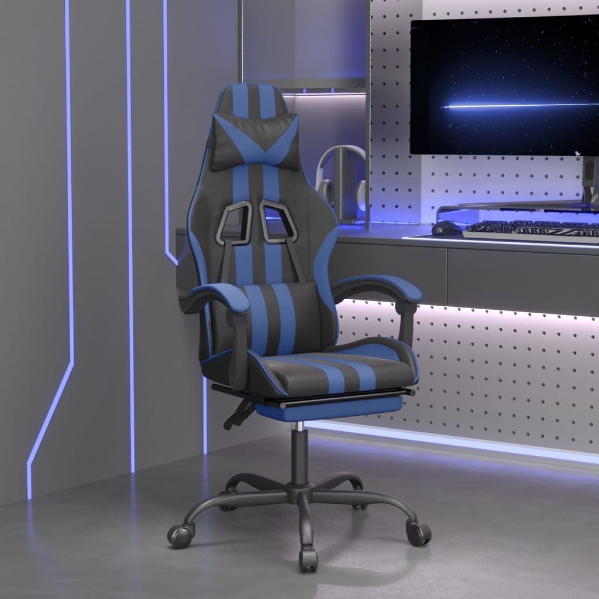 vidaXL Καρέκλα Gaming Περιστρ. Υποπόδιο Μαύρο & Μπλε Συνθετικό Δέρμα