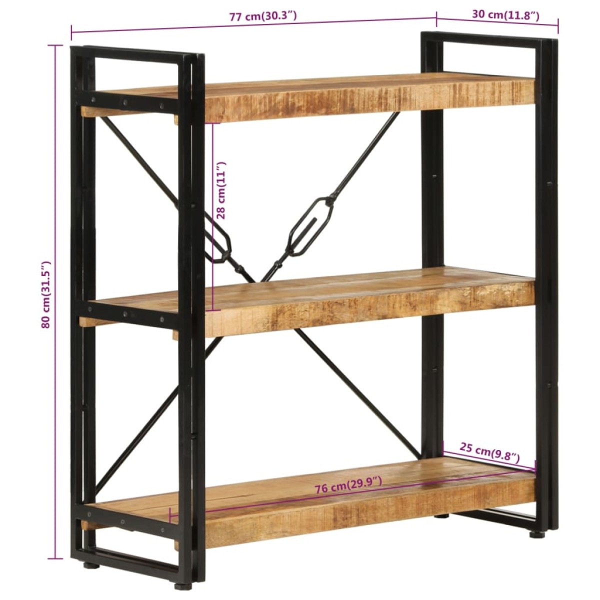 vidaXL Βιβλιοθήκη με 3 Επίπεδα 77x30x80 εκ Μασίφ Ξύλο Μάνγκο & Σίδηρος