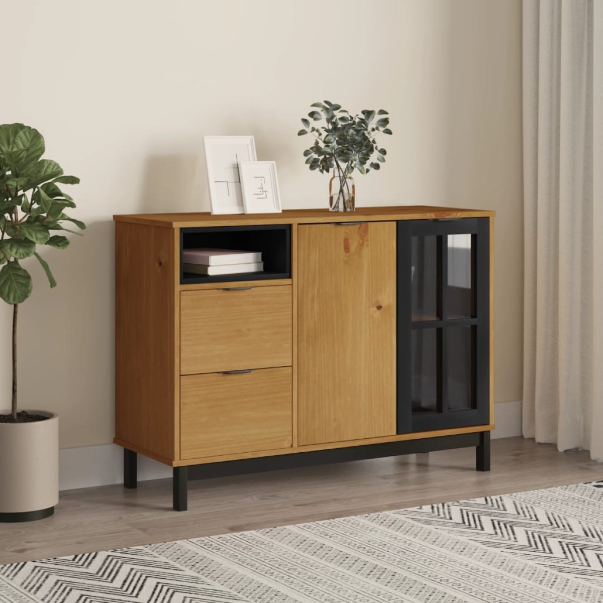 vidaXL Μπουφές με Γυάλινη Πόρτα FLAM 110x40x80εκ. από Μασίφ Ξύλο Πεύκο