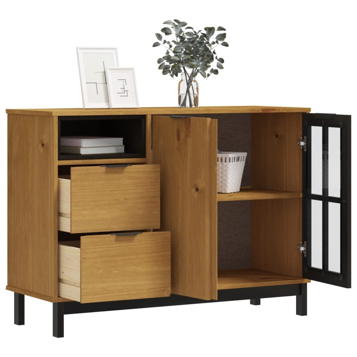 vidaXL Μπουφές με Γυάλινη Πόρτα FLAM 110x40x80εκ. από Μασίφ Ξύλο Πεύκο