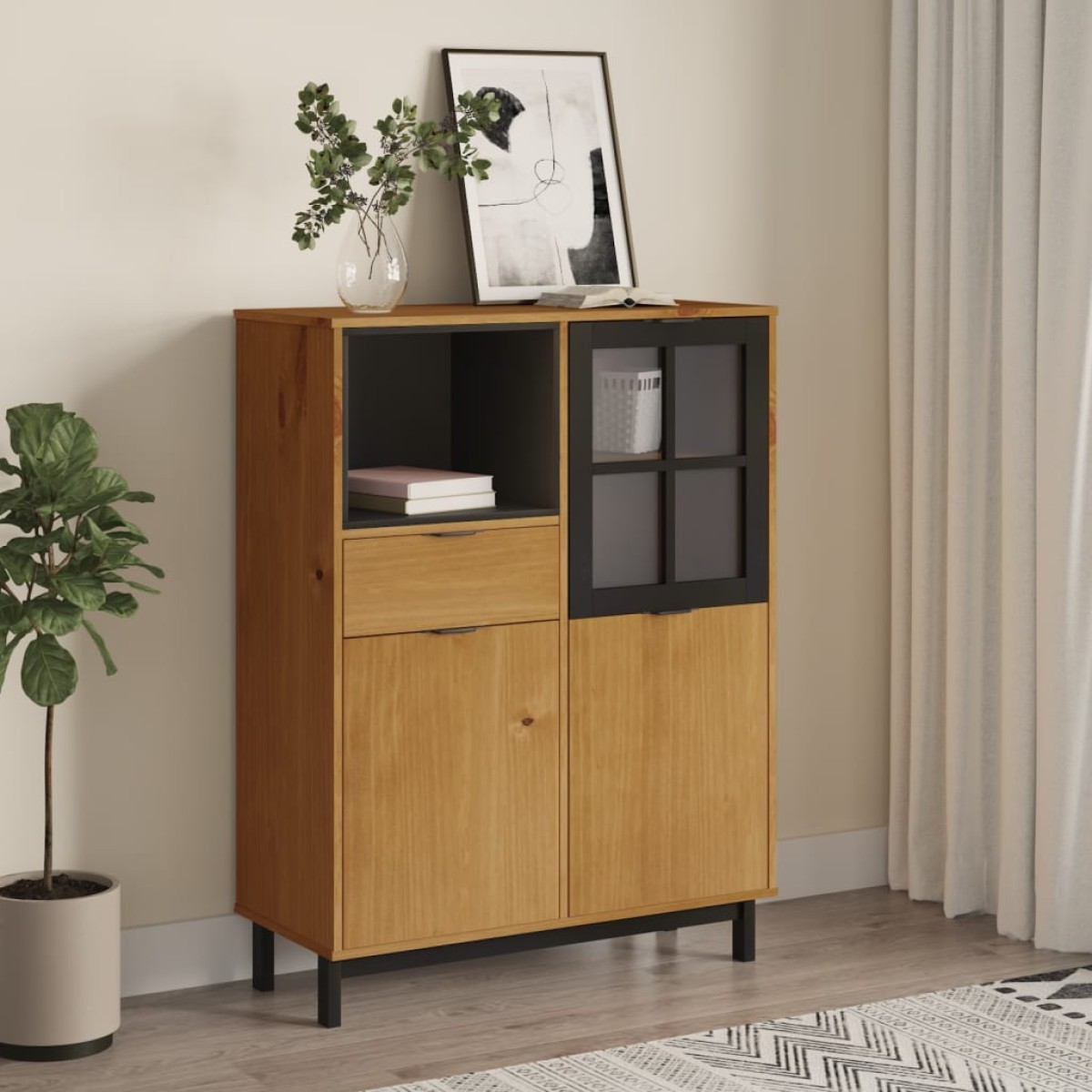 vidaXL Συρταριέρα με Γυάλινη Πόρτα FLAM 92x40x122,5εκ Μασίφ Ξύλο Πεύκο