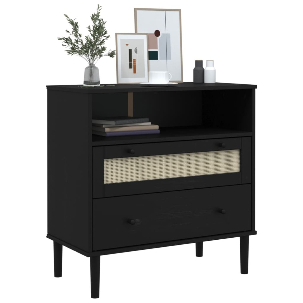 vidaXL Μπουφές SENJA Μαύρο / Ρατάν 80x40x80 εκ. Μασίφ Ξύλο Πεύκου