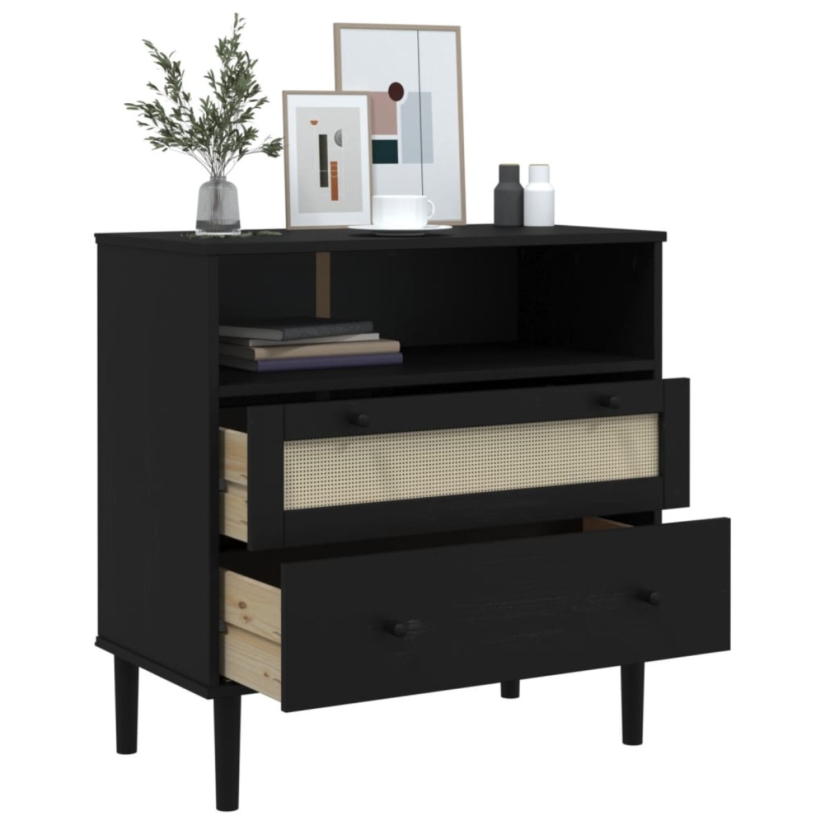 vidaXL Μπουφές SENJA Μαύρο / Ρατάν 80x40x80 εκ. Μασίφ Ξύλο Πεύκου