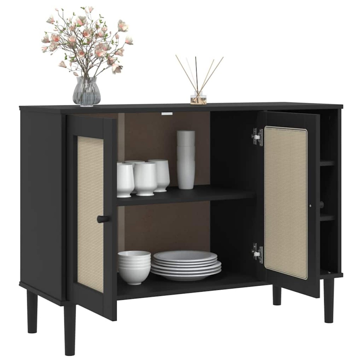 vidaXL Μπουφές SENJA Μαύρο / Ρατάν 112 x 40 x 80 εκ. Μασίφ Ξύλο Πεύκου