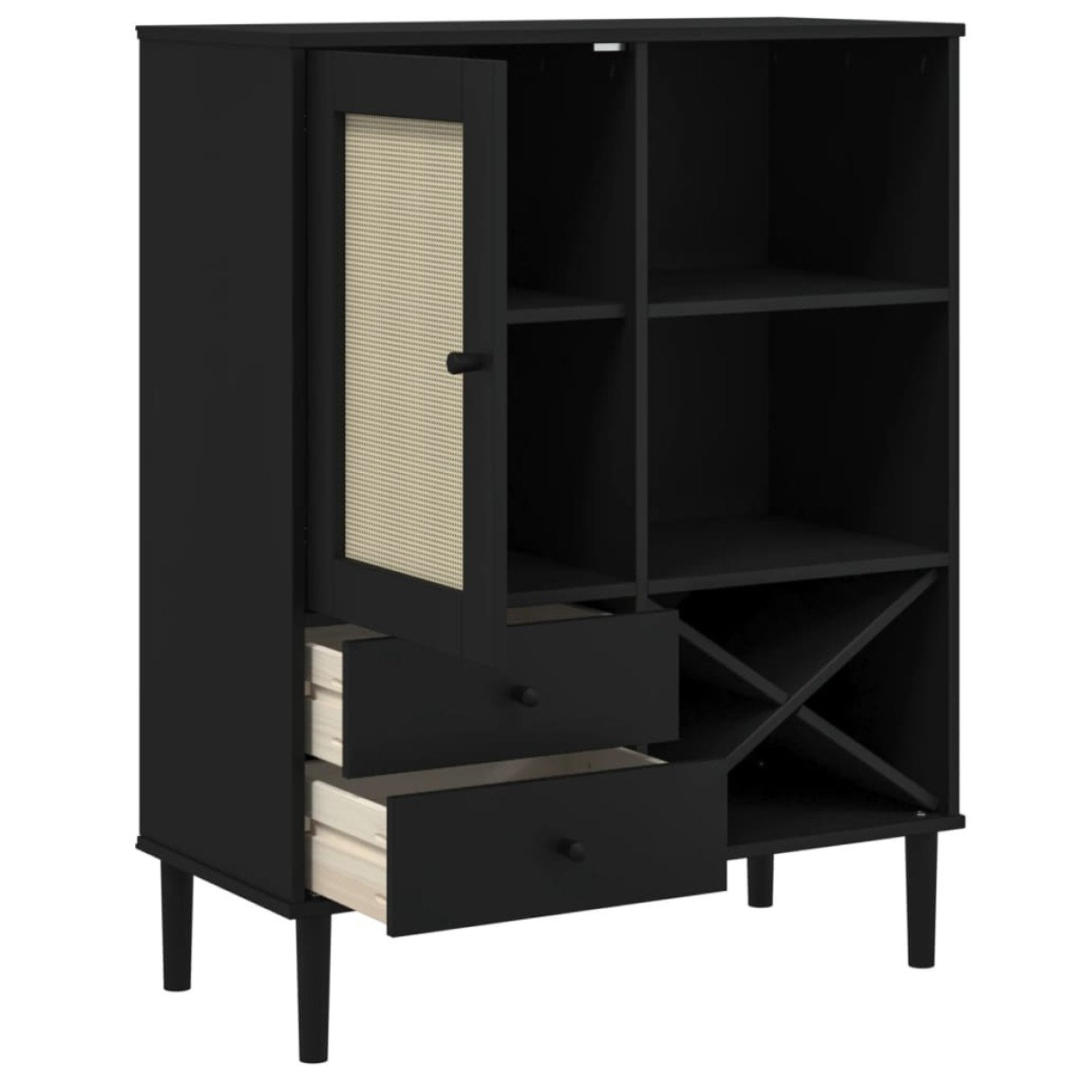 vidaXL Ντουλάπι Ψηλό SENJA Μαύρο/Ρατάν 90x40x112 εκ. Μασίφ Ξύλο Πεύκου