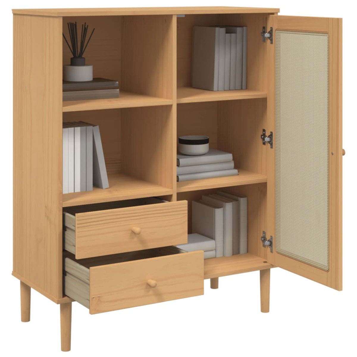 vidaXL Ντουλάπι Ψηλό SENJA Καφέ/Ρατάν 90x40x112 εκ. Μασίφ Ξύλο Πεύκου