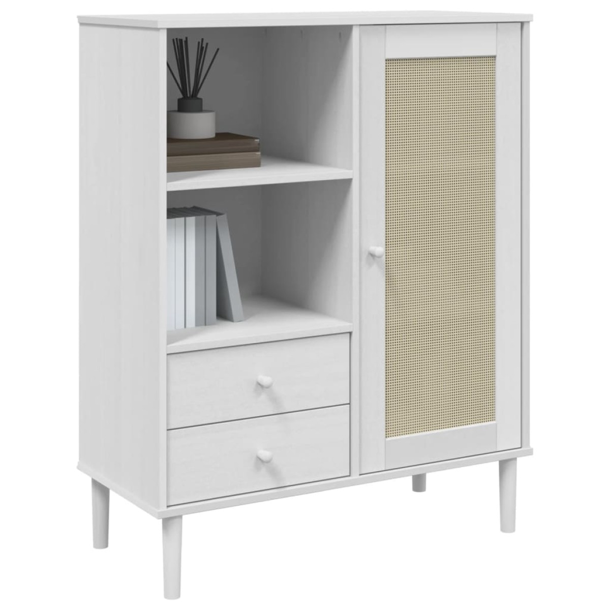 vidaXL Ντουλάπι Ψηλό SENJA Λευκό/Ρατάν 90x40x112 εκ. Μασίφ Ξύλο Πεύκου