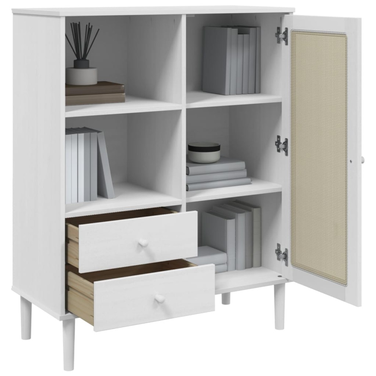 vidaXL Ντουλάπι Ψηλό SENJA Λευκό/Ρατάν 90x40x112 εκ. Μασίφ Ξύλο Πεύκου