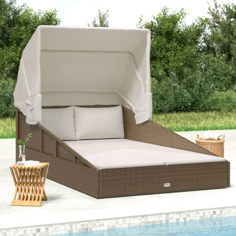 vidaXL Ξαπλώστρα με Πτυσσόμενη Οροφή Καφέ 200x114x128 εκ. Συνθ. Ρατάν