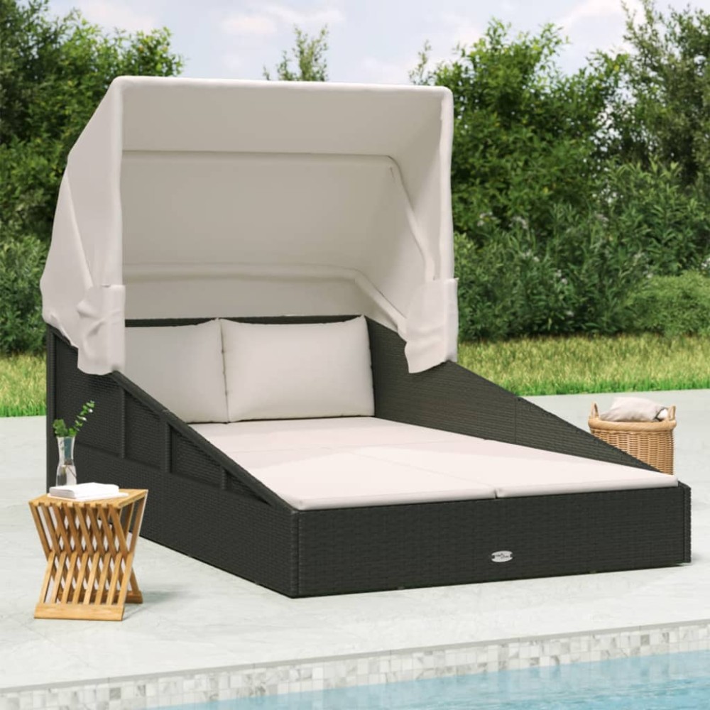 vidaXL Ξαπλώστρα με Πτυσσόμενη Οροφή Μαύρη 200x114x128 εκ. Συνθ. Ρατάν