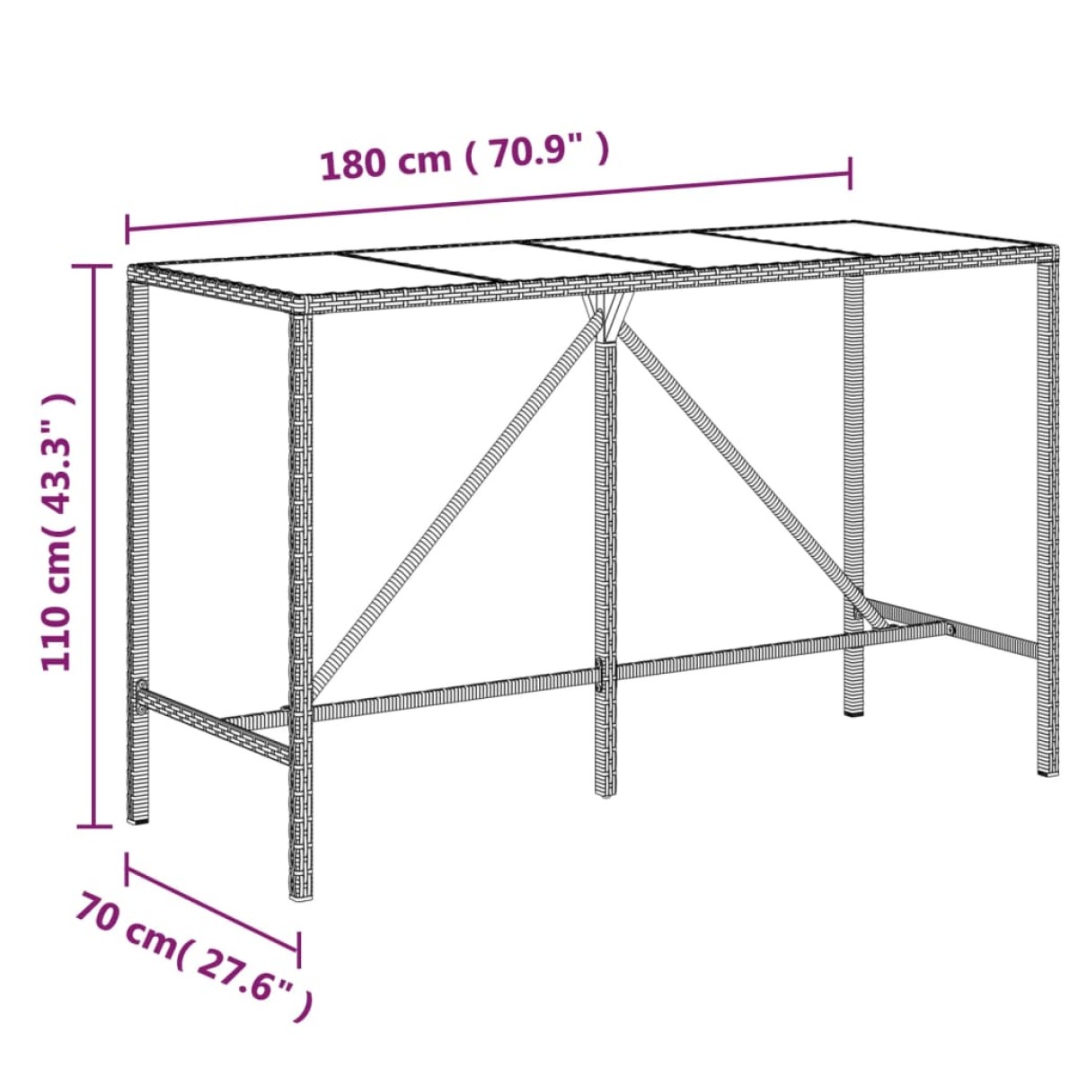 vidaXL Τραπέζι Μπαρ με Γυάλ. Επιφάνεια Γκρι 180x70x110 εκ. Συνθ. Ρατάν