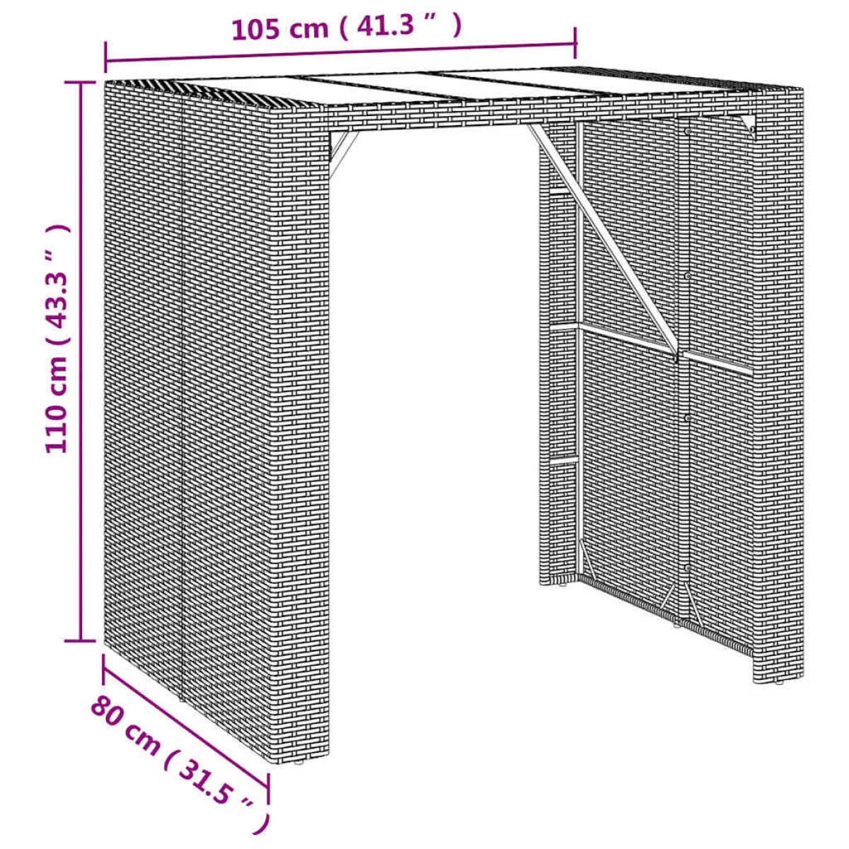 vidaXL Τραπέζι Μπαρ με Γυάλ. Επιφάνεια Μαύρο 105x80x110 εκ Συνθ. Ρατάν