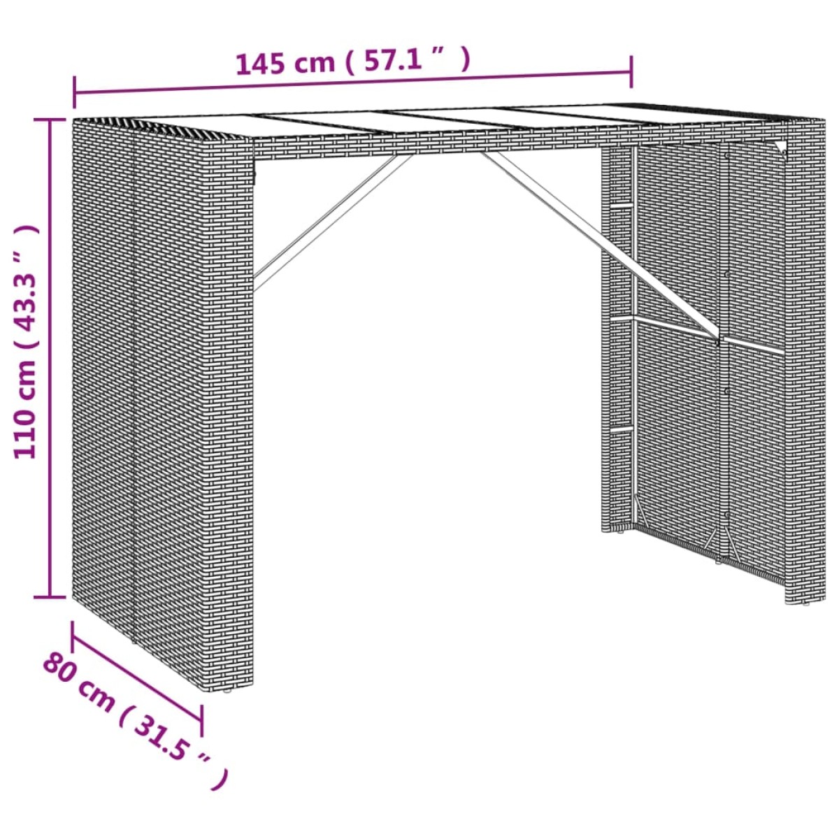 vidaXL Τραπέζι Μπαρ με Γυάλ. Επιφάνεια Μαύρο 145x80x110 εκ Συνθ. Ρατάν