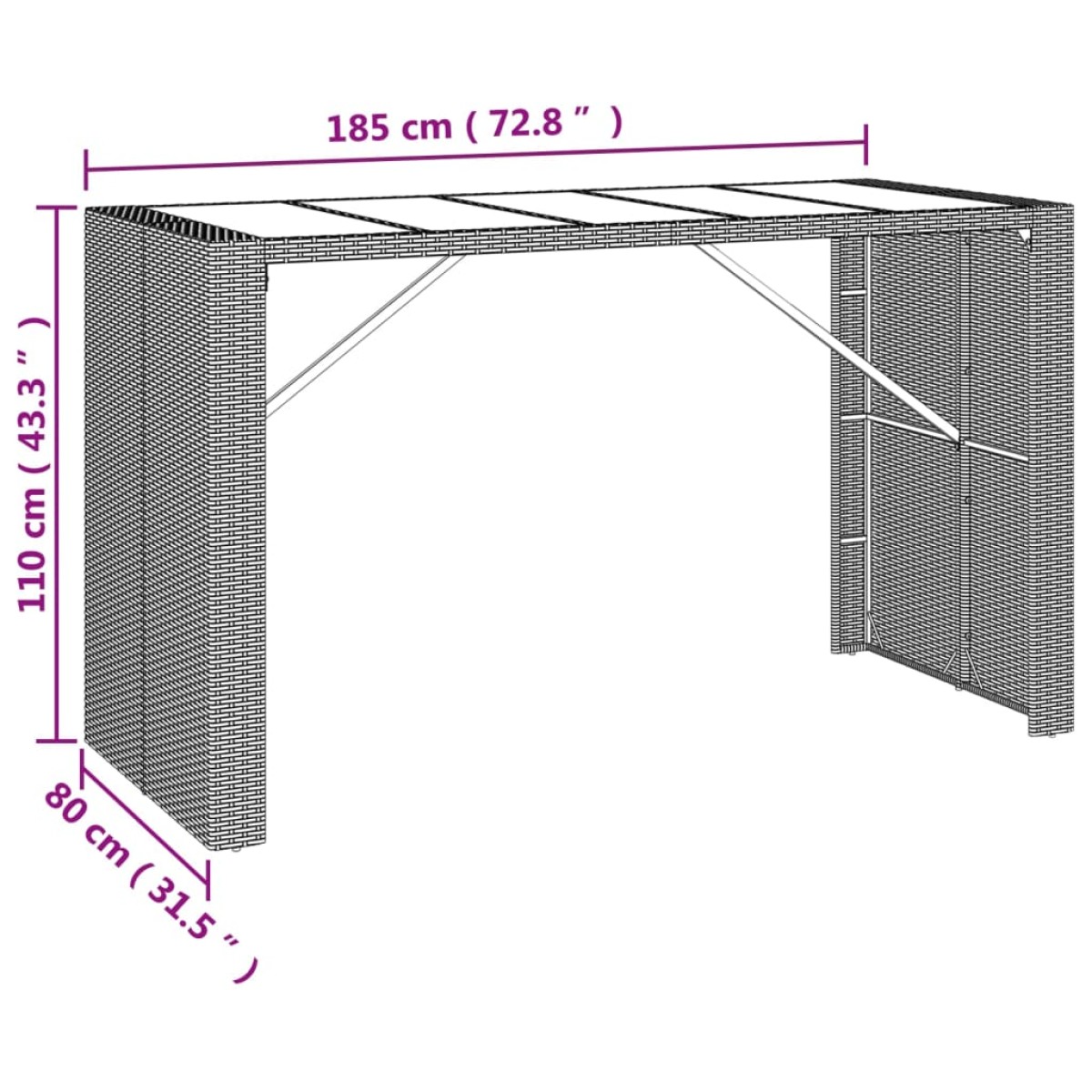 vidaXL Τραπέζι Μπαρ με Γυάλ. Επιφάνεια Μαύρο 185x80x110 εκ Συνθ. Ρατάν