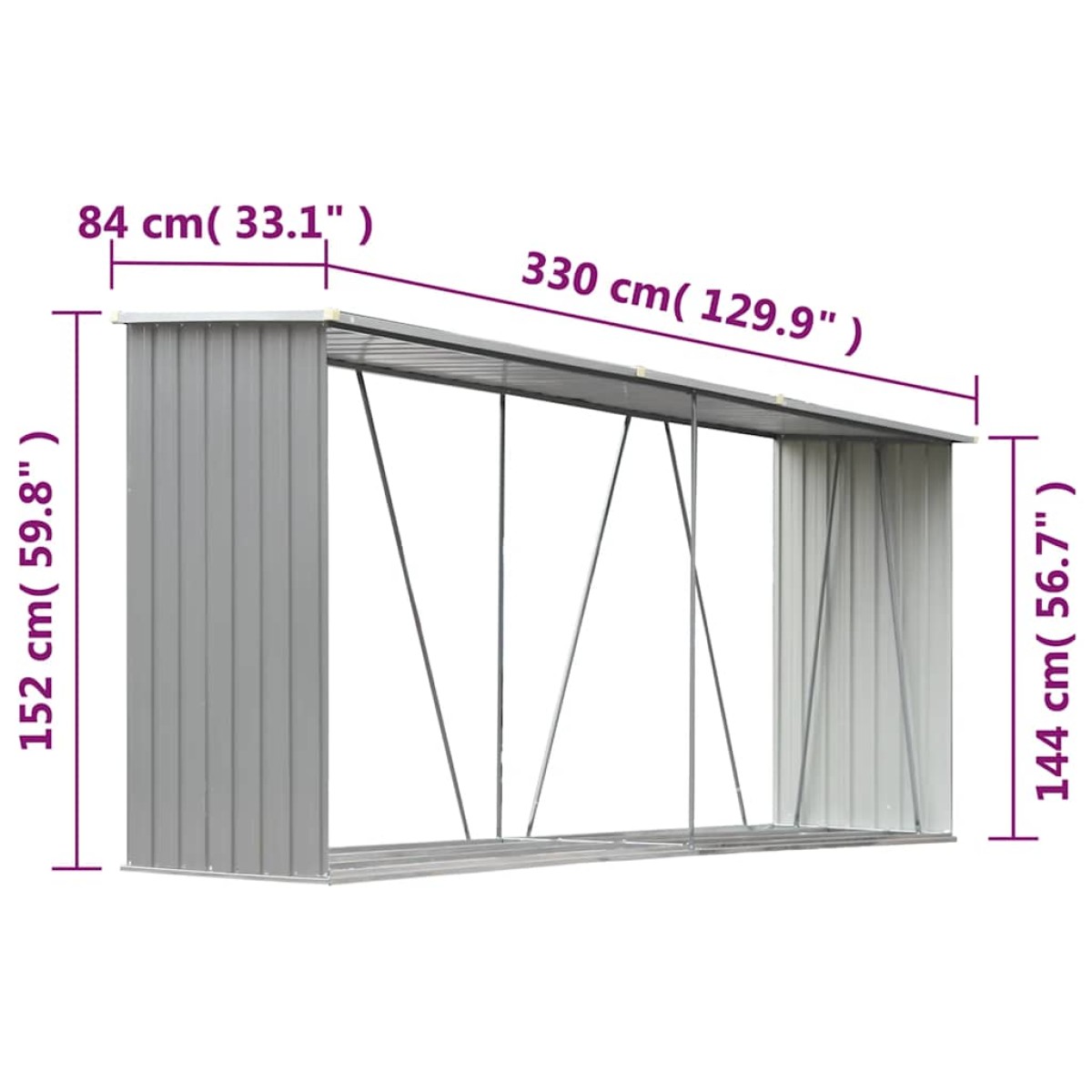 vidaXL Υπόστεγο Αποθήκευσης Ξύλων Κήπου Γκρι 330x84x152 εκ. Ατσάλι