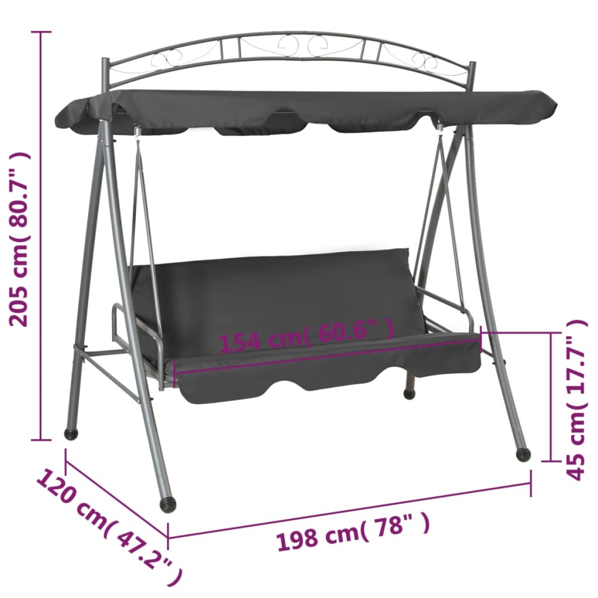 vidaXL Παγκάκι Κούνια Ανθρακί 198x120x205 εκ. Ατσάλινη με Σκίαστρο
