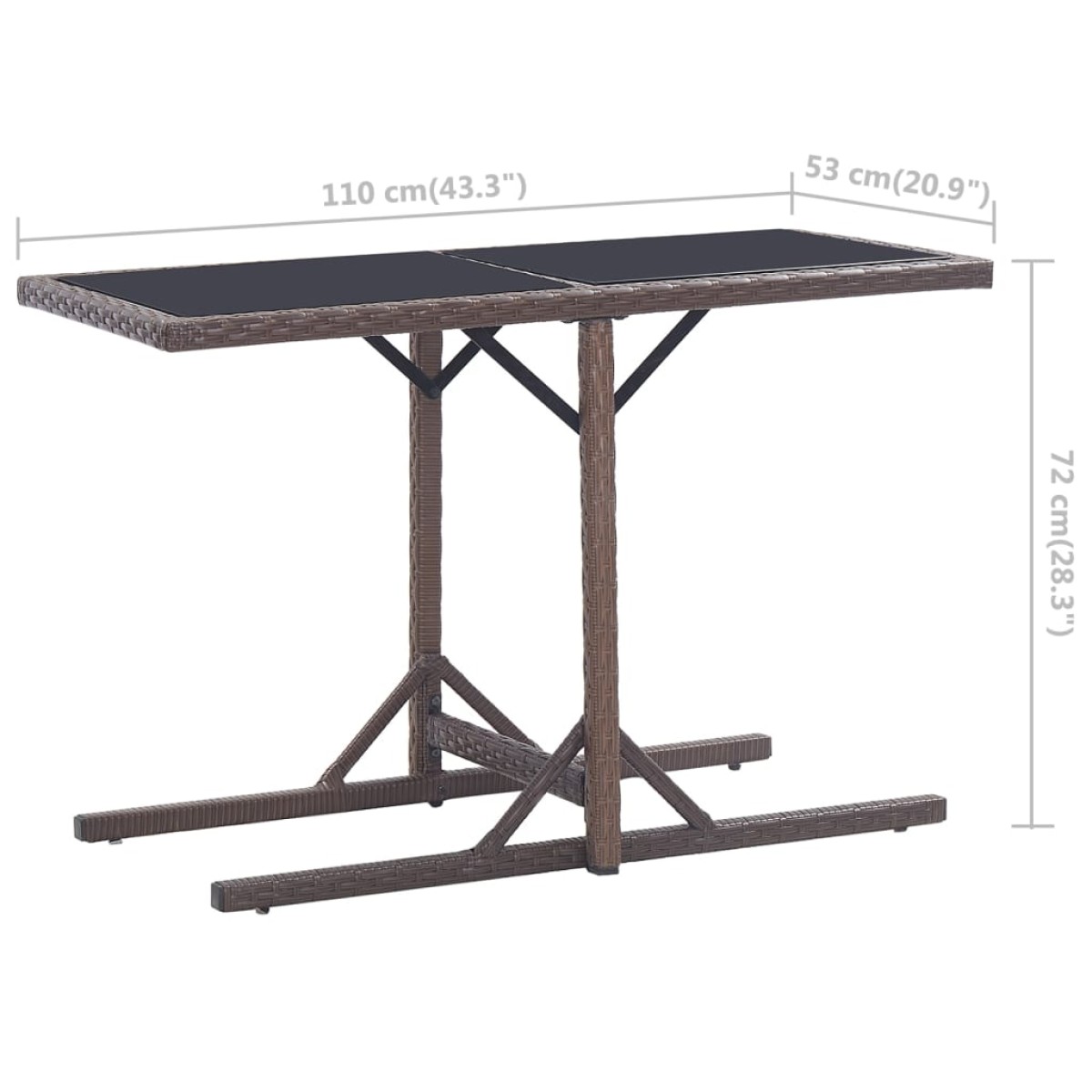 vidaXL Τραπέζι Κήπου Καφέ 110x53x72 εκ. Γυάλινο και Συνθετικό ρατάν