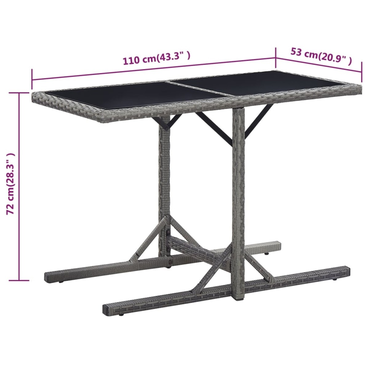 vidaXL Τραπέζι Κήπου Ανθρακί 110x53x72 εκ. Γυάλινο και Συνθετικό ρατάν