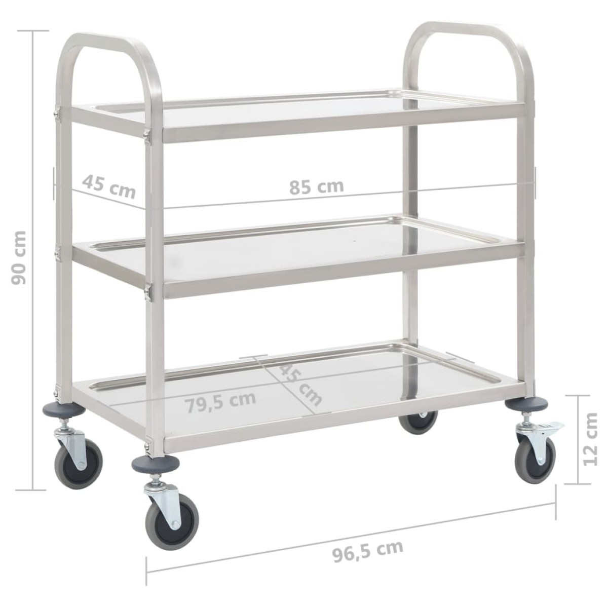 vidaXL Τρόλεϊ Κουζίνας με 3 Ράφια 96,5x55x90 εκ. από Ανοξείδωτο Ατσάλι