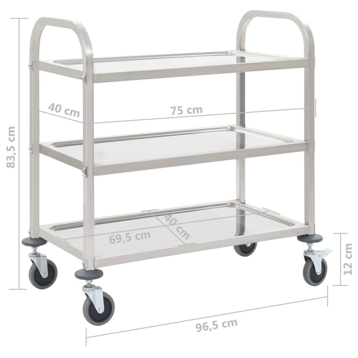 vidaXL Τρόλεϊ Κουζίνας με 3 Ράφια 95x45x83,5 εκ. από Ανοξείδωτο Ατσάλι