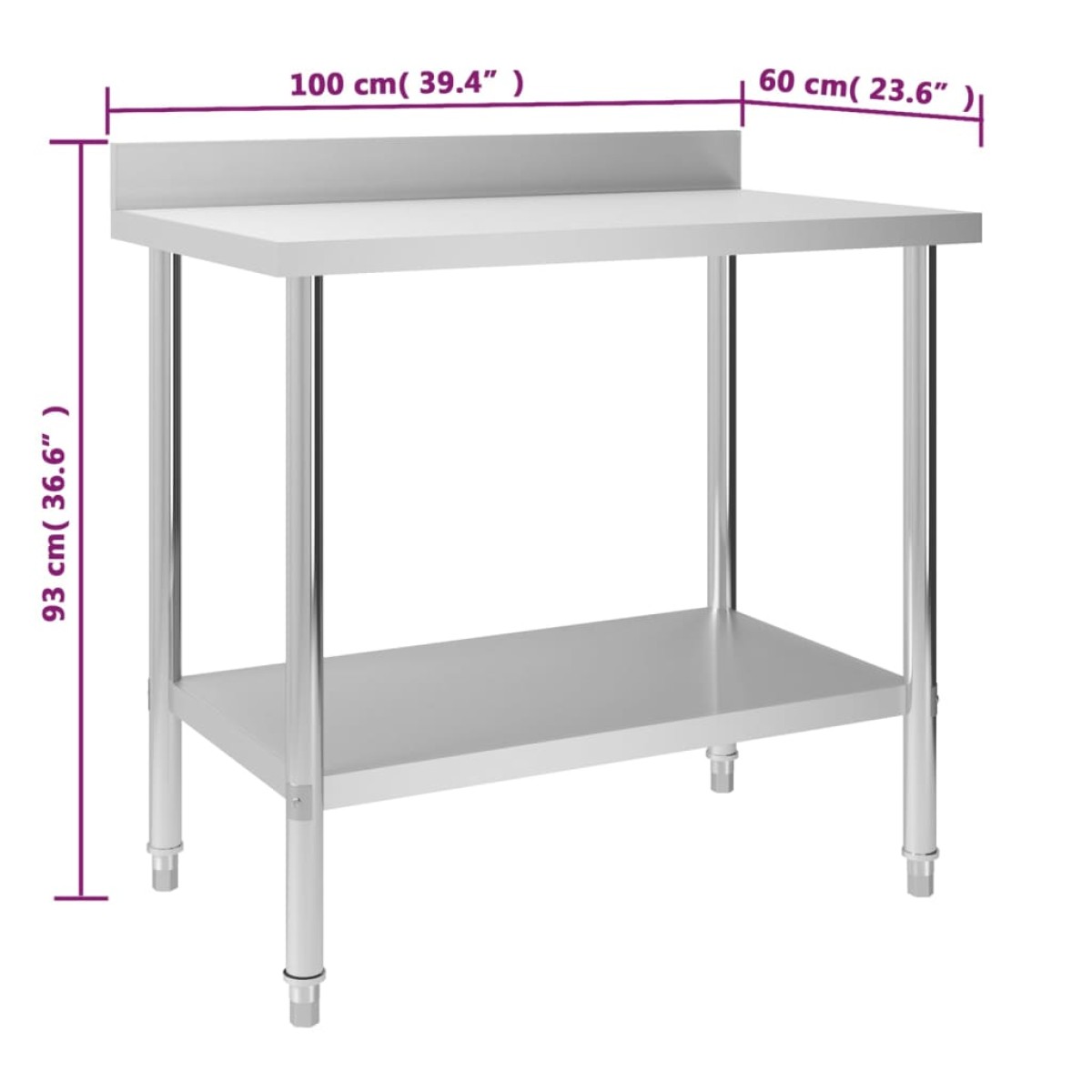 vidaXL Πάγκος Εργασίας Κουζίνας με Πλάτη 100x60x93 εκ. Ανοξείδ. Ατσάλι