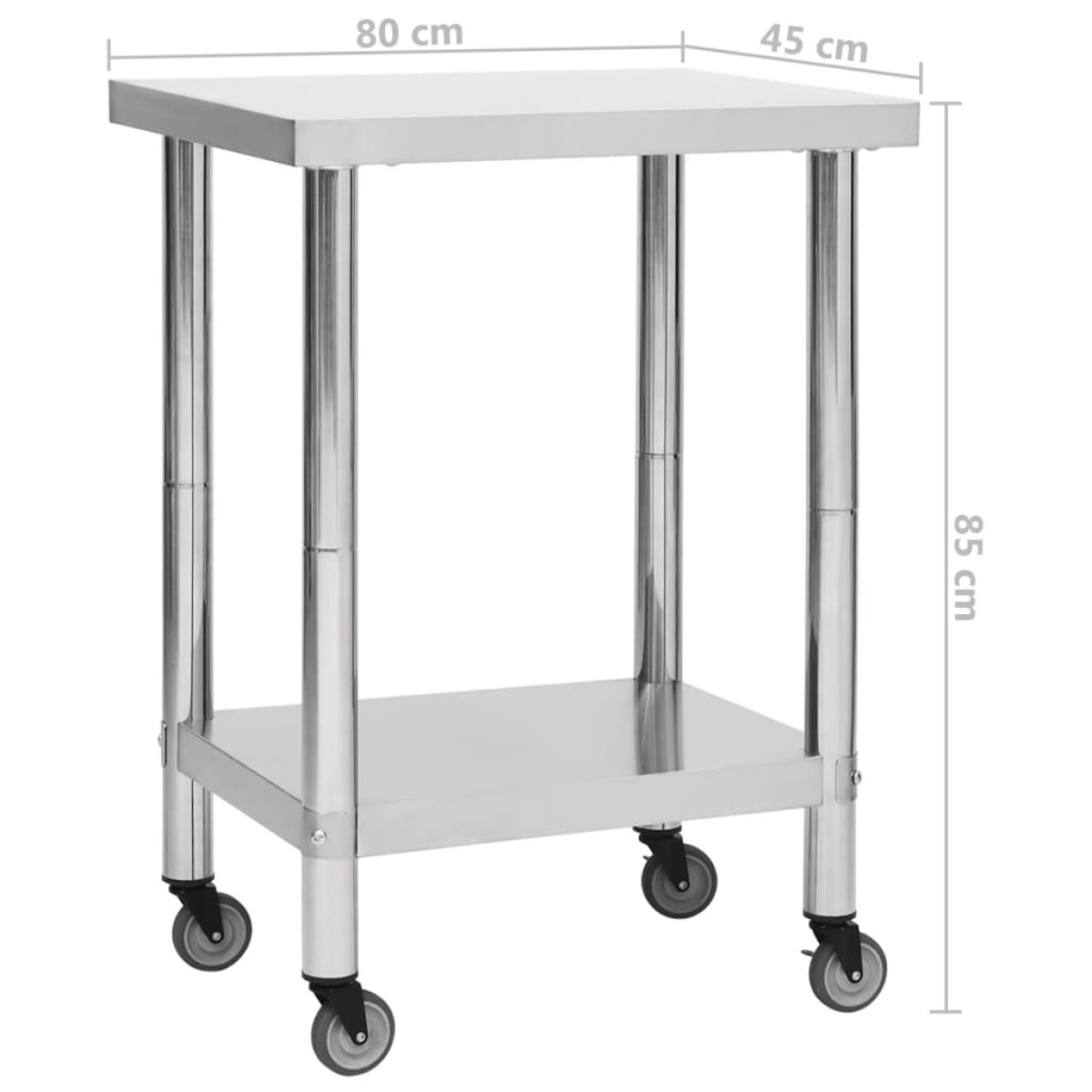 vidaXL Πάγκος Εργασίας Κουζίνας με Ροδάκια 80x45x85 εκ Ανοξείδ. Ατσάλι