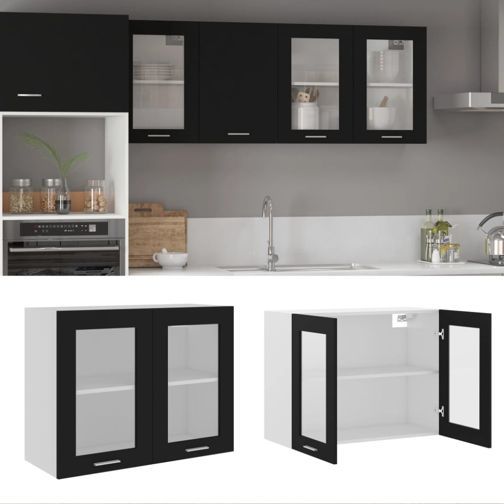 vidaXL Κρεμαστό Γυάλινο Ντουλάπι "Lyon" Μαύρο 80x31x60 εκ. από Τεχνητό Ξύλο