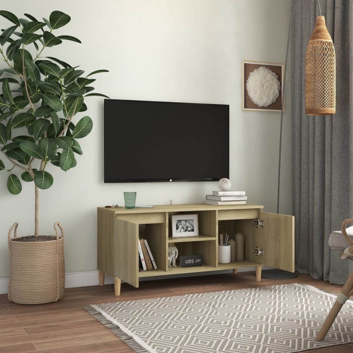 vidaXL Έπιπλο Τηλεόρασης Καφέ Δρυς 103,5x35x50εκ. Μασίφ Ξύλινα Πόδια