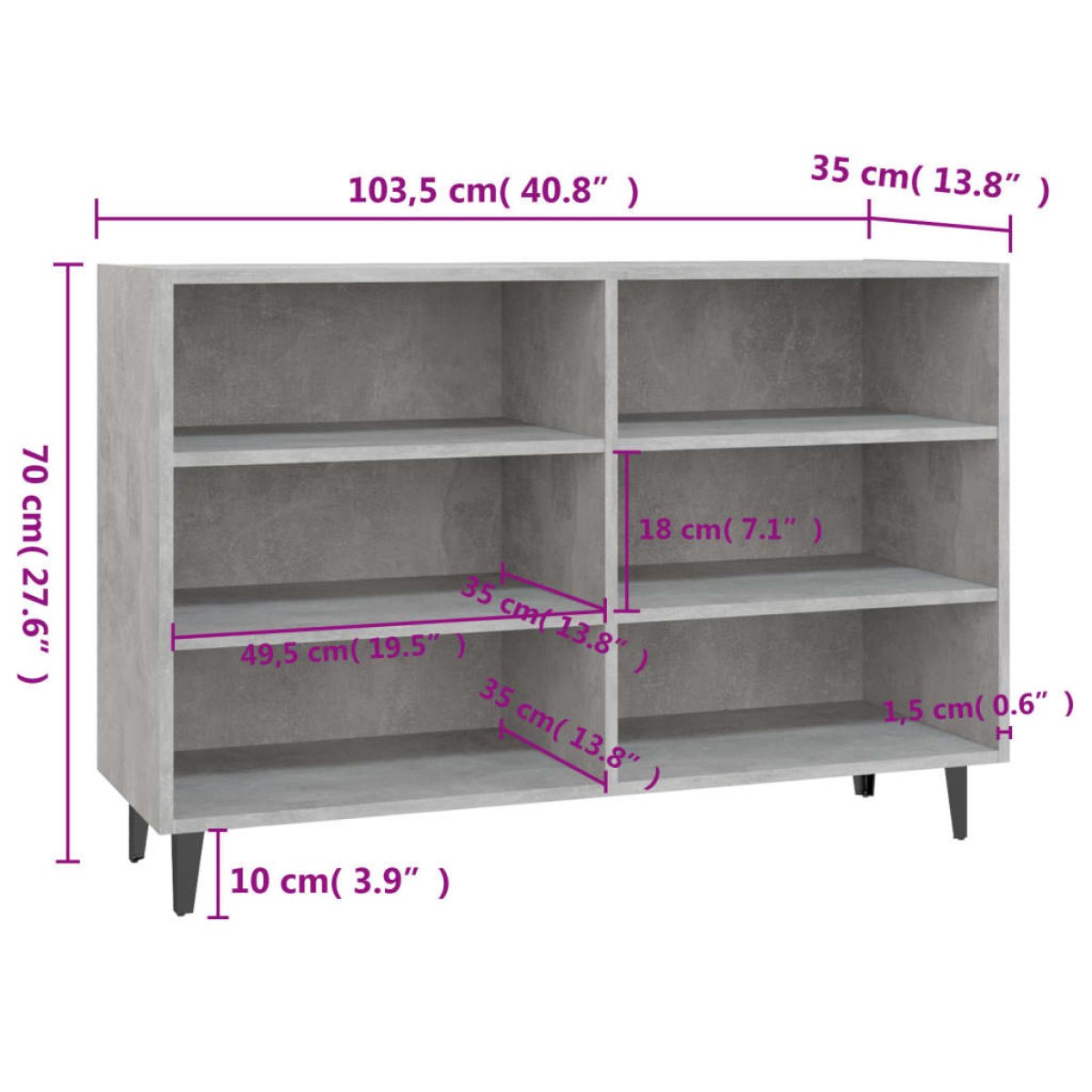 vidaXL Ραφιέρα Γκρι Σκυροδέματος 103,5 x 35 x 70 εκ. από Μοριοσανίδα