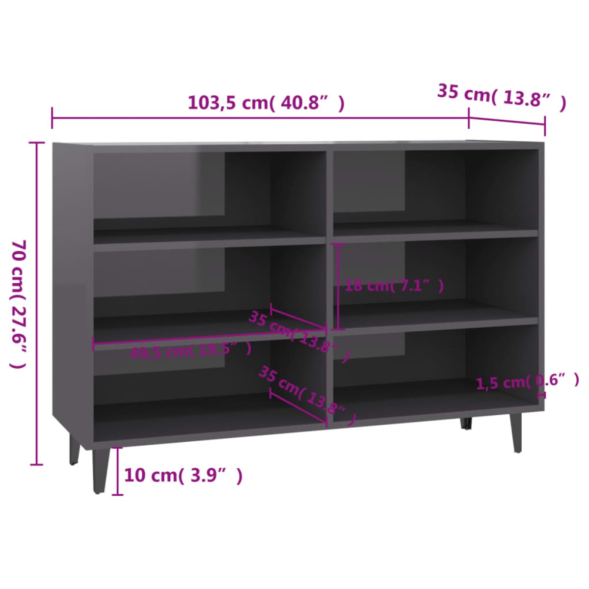 vidaXL Ραφιέρα Γυαλιστερή Γκρι 103,5 x 35 x 70 εκ. από Μοριοσανίδα