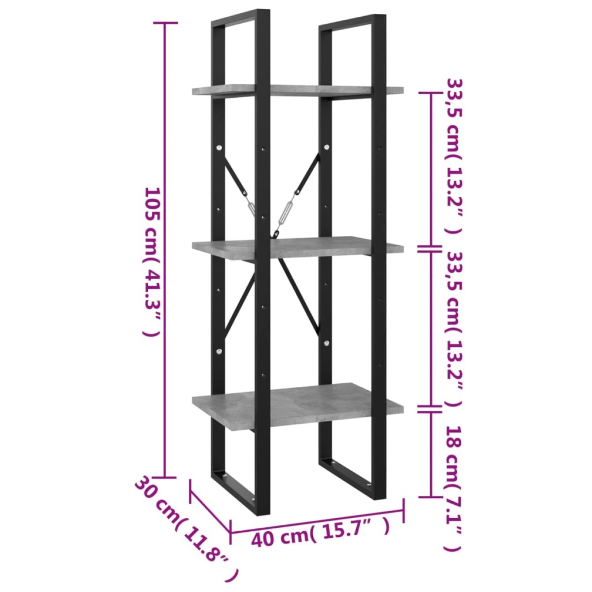 vidaXL Βιβλιοθήκη με 3 Ράφια Γκρι Σκυροδέματος 40x30x105εκ Μοριοσανίδα