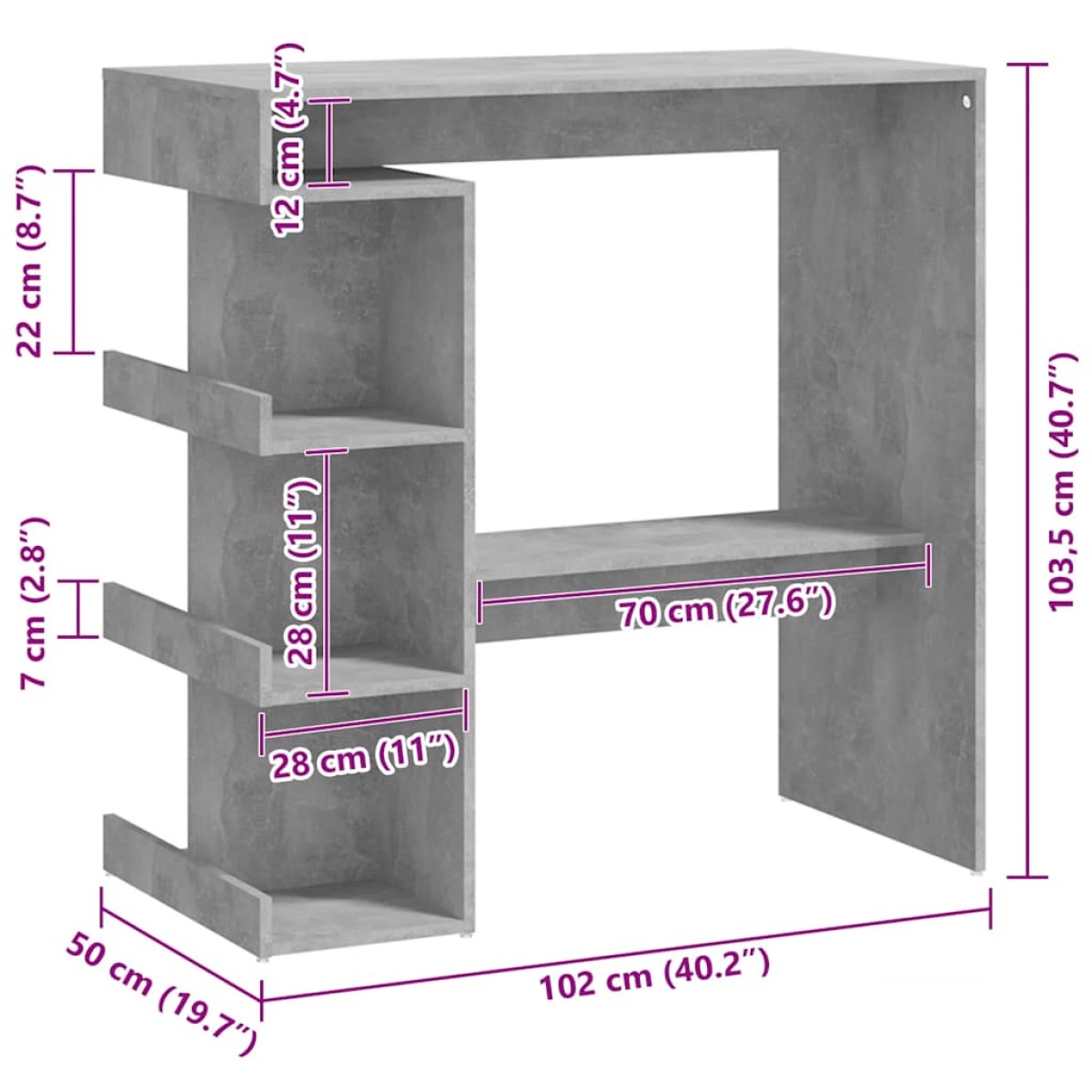 vidaXL Τραπέζι Μπαρ με Ράφια Γκρι Σκυρ. 100x50x101,5εκ από Μοριοσανίδα