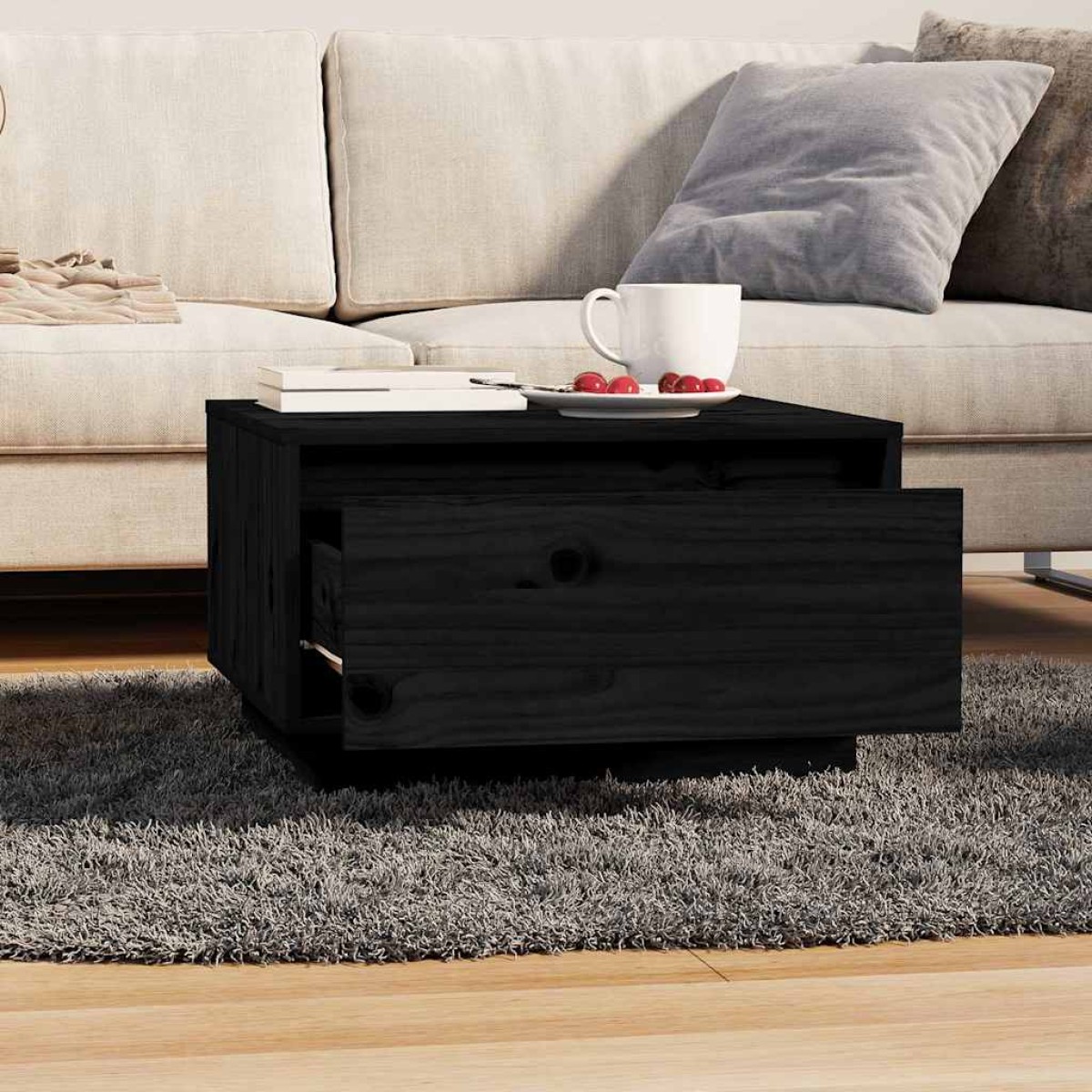 vidaXL Τραπεζάκι Σαλονιού Μαύρο 55 x 56 x 32 εκ. από Μασίφ Ξύλο Πεύκου