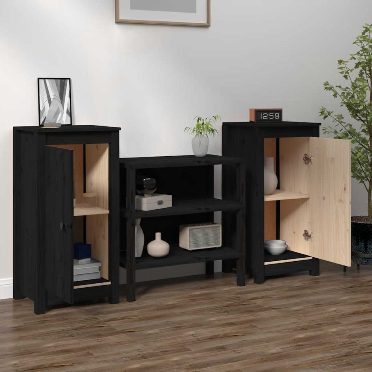 vidaXL Ντουλάπια 2 τεμ. Μαύρα 40x35x80 εκ. από Μασίφ Ξύλο Πεύκου