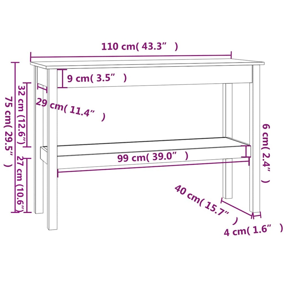 vidaXL Τραπέζι κονσόλα άσπρο 110x40x75 εκ. από Μασίφ Ξύλο Πεύκου